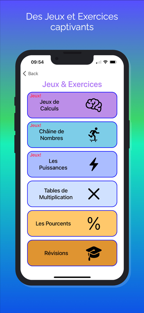 Calcul Mental & Jeux de Maths - Tela do menu principal do aplicativo Calcul Mental com botões coloridos para exercícios de matemática em francês, incluindo tabuadas e porcentagens.