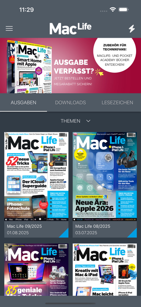 Mac Life | Magazine - The Mac Life app interface displaying a digital kiosk with several magazine covers and navigation tabs.