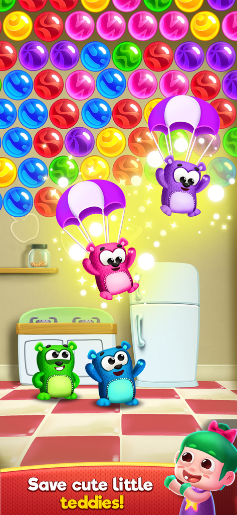 Bubble Shooter Game : Toys Pop - A gameplay screenshot of Bubble Shooter Toys Pop showing colorful bubbles and cute teddy bears being rescued in a toy land kitchen.