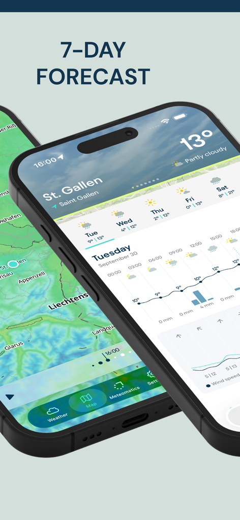 Meteomatics Weather App - Interfaccia dell'App Meteo Meteomatics su iPhone che mostra previsioni a 7 giorni e una mappa meteorologica dettagliata