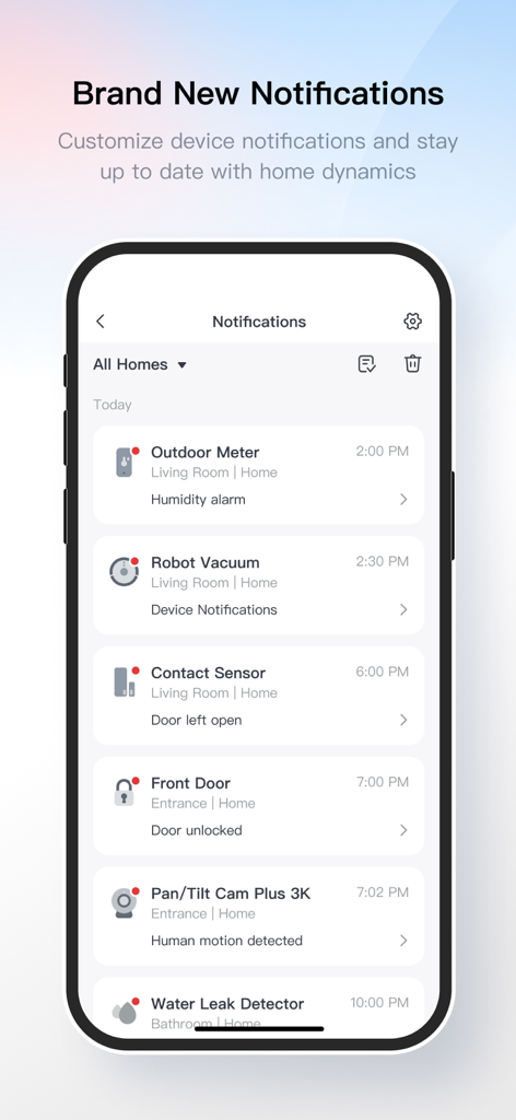 SwitchBot - SwitchBot app notification center showing real-time alerts for home security and smart devices