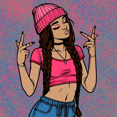 realistic teenage girl with braids and a beanie and crop top doing 🫶🏼