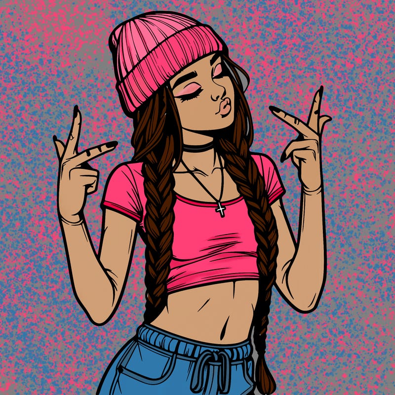 realistic teenage girl with braids and a beanie and crop top doing 🫶🏼