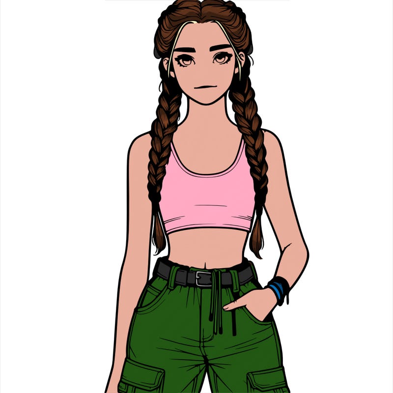 realistic teenage girl in braids with a crop top and cargo jeans