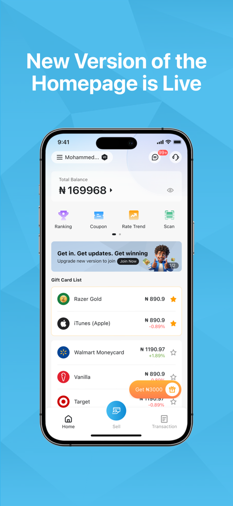 Carding mobile app homepage displaying gift card rates and user account balance