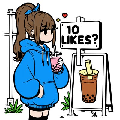 girl with oversized hoodie drinking boba and she has a high ponytail with a sign that says 10likes?