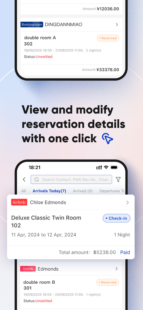 Interfaz de la aplicación Smart Order PMS para ver y modificar detalles de la reserva