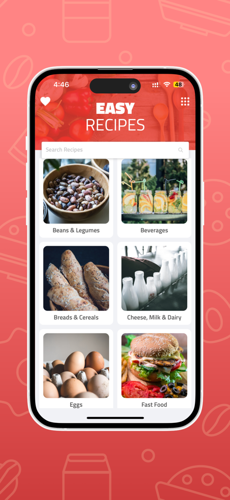 Easy Recipes for you - Menu principal de l'application Easy Recipes présentant diverses catégories d'aliments avec des images miniatures