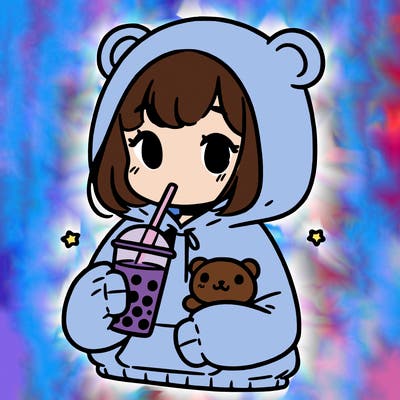 simple cute girl wearing oversized hoodie that has a teddy bear on it drinking boba