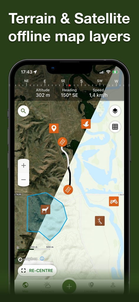 Hunting Points: GPS & Hunt App - Hunting Points app showing a split view of terrain and satellite offline map layers with hunting icons and GPS data