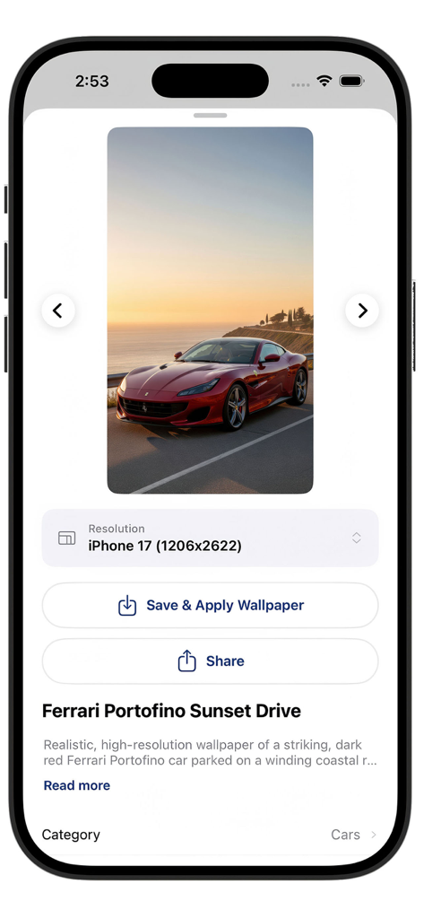 WallpaperHost: 4K Wallpapers - Preview of a red Ferrari car wallpaper on the WallpaperHost app interface