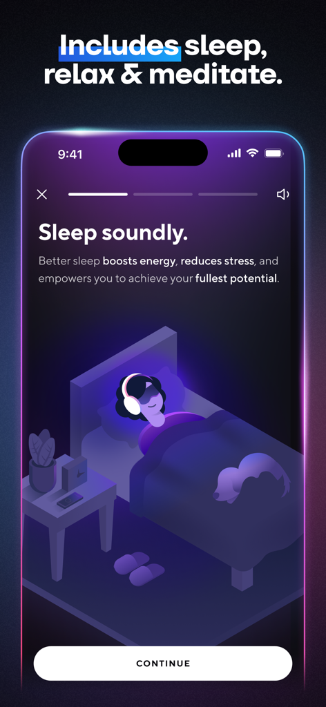 Brain.fm app screen showcasing sleep soundly features with a person sleeping in bed illustration