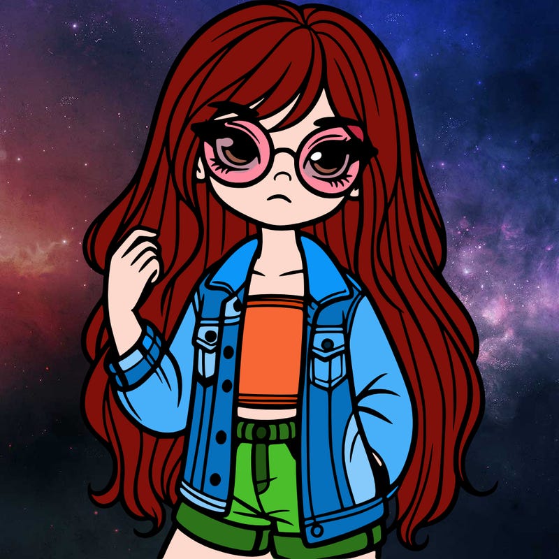 girl with long hair for glasses and does not touch with a denim jacket and cargos