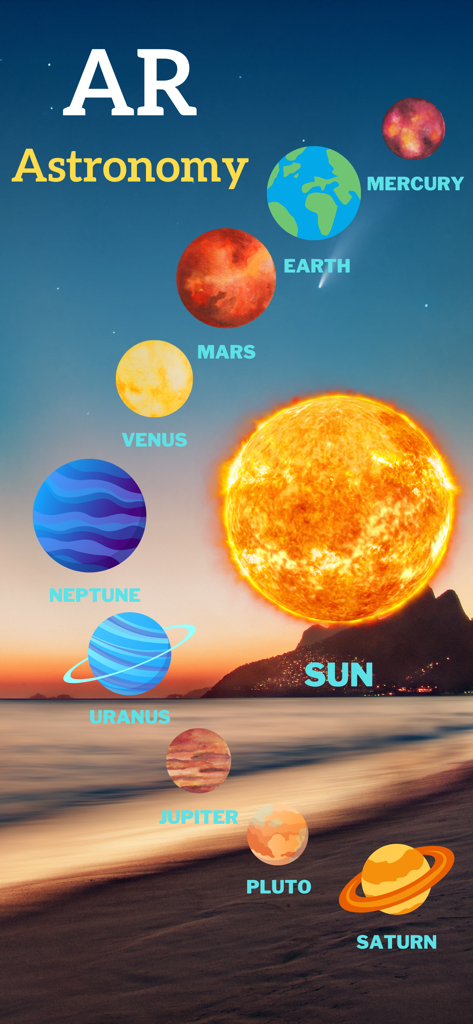 AR astronomy screen showing the sun and planets from the solar system