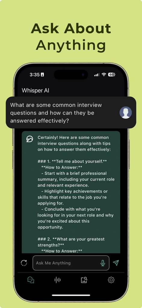 Whisper: AI Chat bot Assistant - Whisper AI Chatbot interface showing interview preparation tips and questions