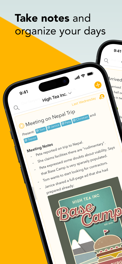 Agenda: Notes meets Calendar - iPhone screenshot of the Agenda app displaying meeting notes for a project with tagged attendees and a date-linked timeline