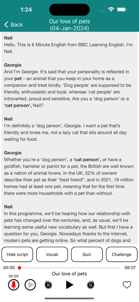 6 Minute English (+Worksheets) - Screenshot of the 6 Minute English app displaying a transcript of a lesson about pets with audio controls and learning tools
