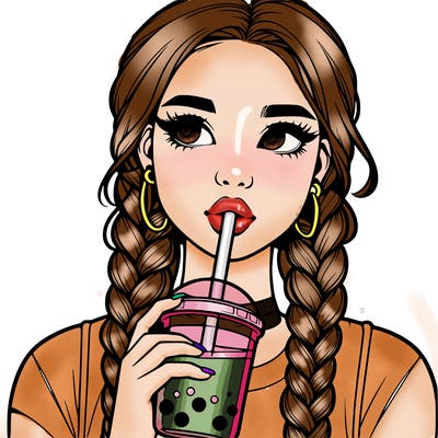 realistic girl with braided hair drinking boba