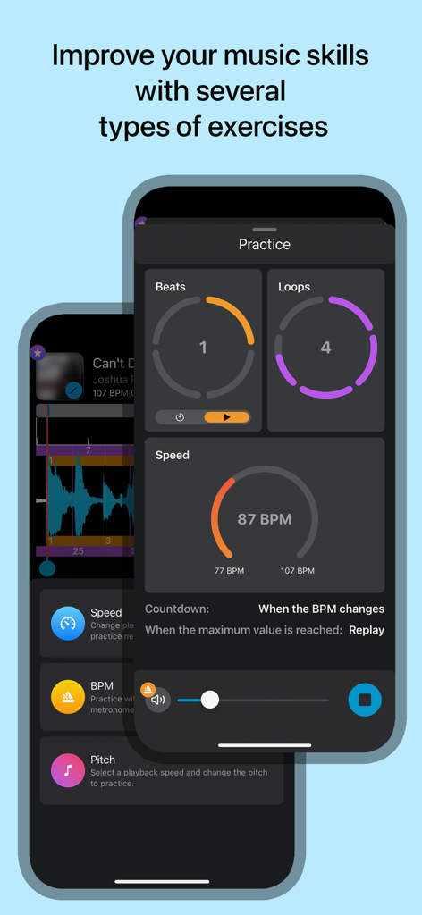 Music Looper app interface showing beats loops and BPM settings for music practice sessions