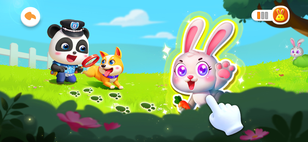 Officer Kiki the panda policeman and a dog finding a rabbit behind a bush by following footprints