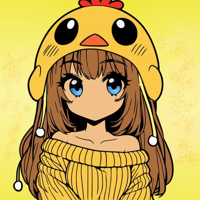 anime girl with chick shaped hat with sweater with bare shoulders with bangs covering them one eye with low tail