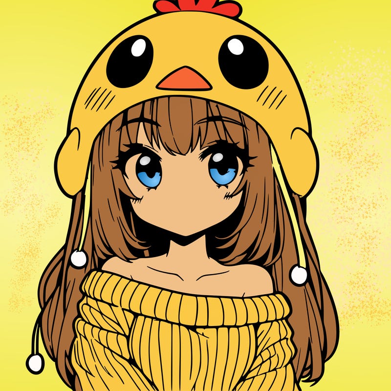 anime girl with chick shaped hat with sweater with bare shoulders with bangs covering them one eye with low tail