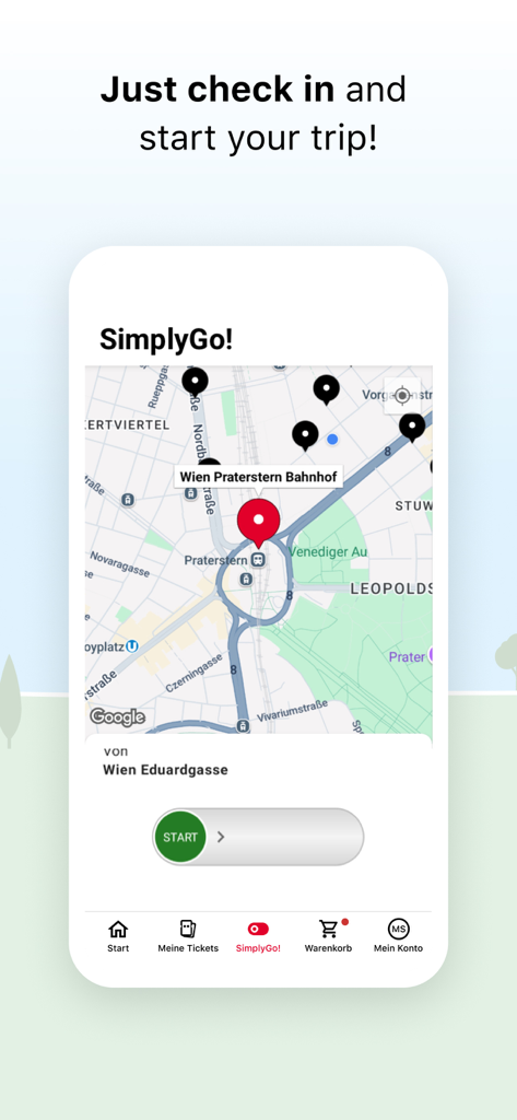OBB Tickets app interface showing the SimplyGo feature with a map of Vienna and a start journey slider