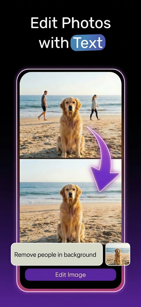 Creator Pro: AI Studio - Screenshot of Creator Pro AI Studio showing the feature to remove people from photo backgrounds using a text prompt