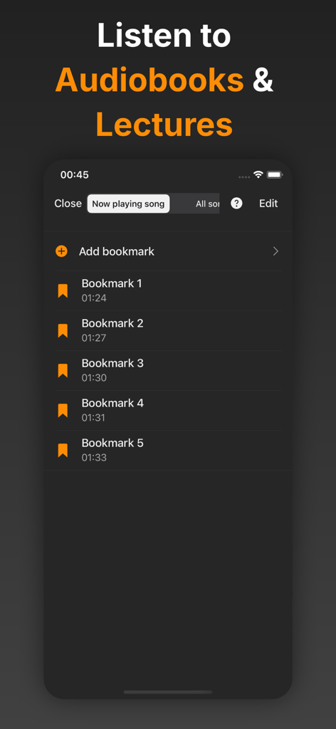 Flacbox: Hi-Res Music Player - Pantalla de teléfono inteligente que muestra la función de la aplicación Flacbox para añadir y gestionar marcadores en audiolibros y conferencias