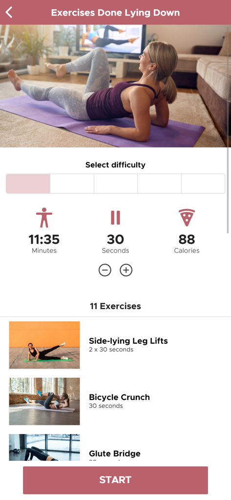 Lazy Workouts - A workout plan screen in the Lazy Workouts app featuring exercises done lying down like bicycle crunches and leg lifts