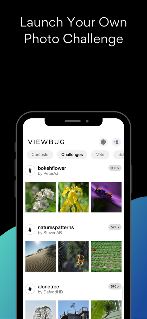 Bildschirm der mobilen App, der ViewBug-Foto-Challenges wie Bokeh-Blumen und Naturmuster zeigt