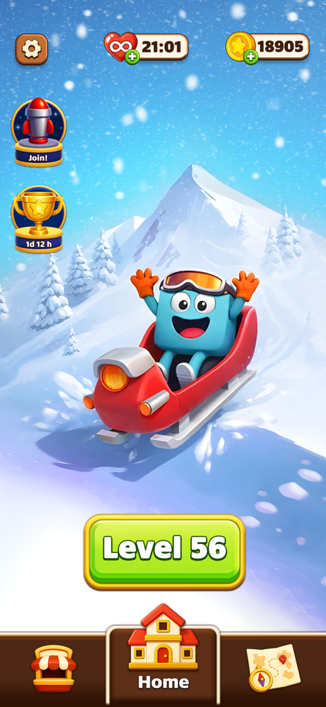 Maze Fill - Pantalla de inicio de Maze Fill con un personaje azul en un trineo sobre una montaña nevada