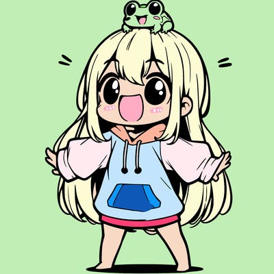 a excited chibi girl whith long hair and a baggy shirt whith a frog on there head