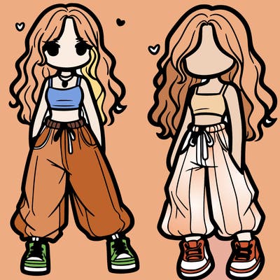 girl in baggy pants crop top and long hair