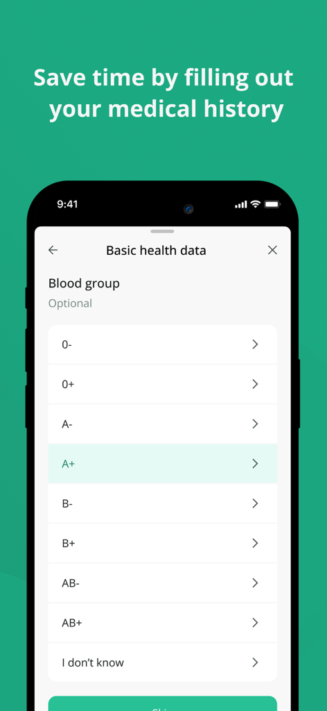 Medevio - Screen showing blood group selection in the Medevio app