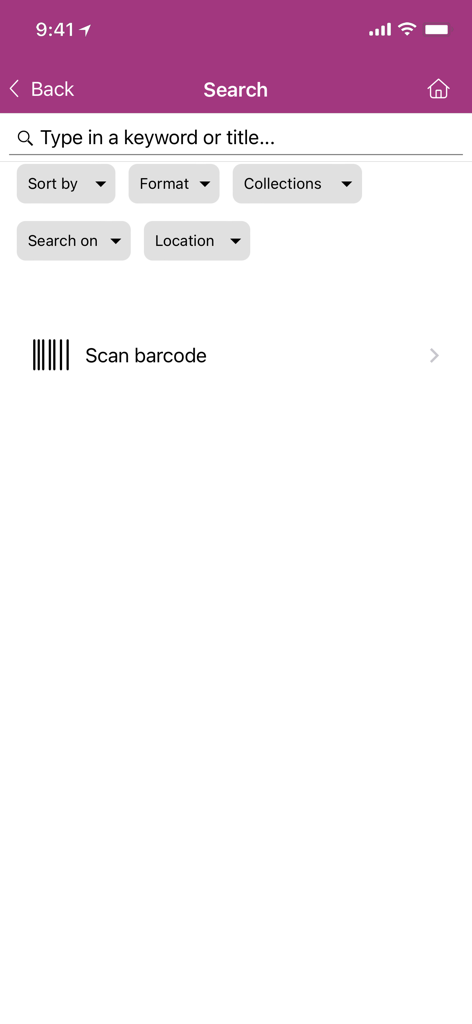 Search interface of the Stonnington Libraries app with a search bar and barcode scanning option
