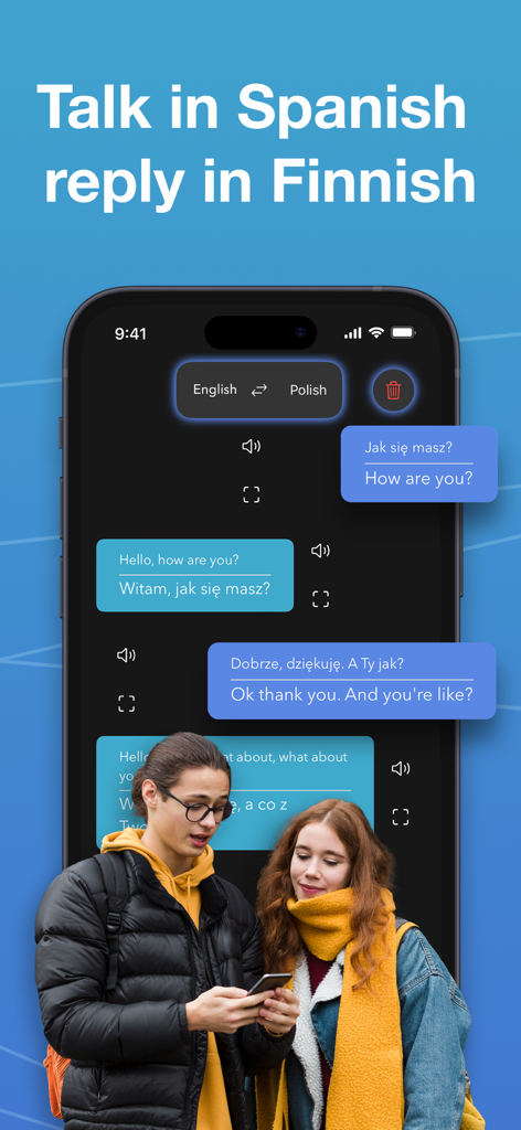 Snap Translator - Photo & AI - Snap Translatorアプリのインターフェースに、英語とポーランド語間の翻訳されたメッセージが表示されている