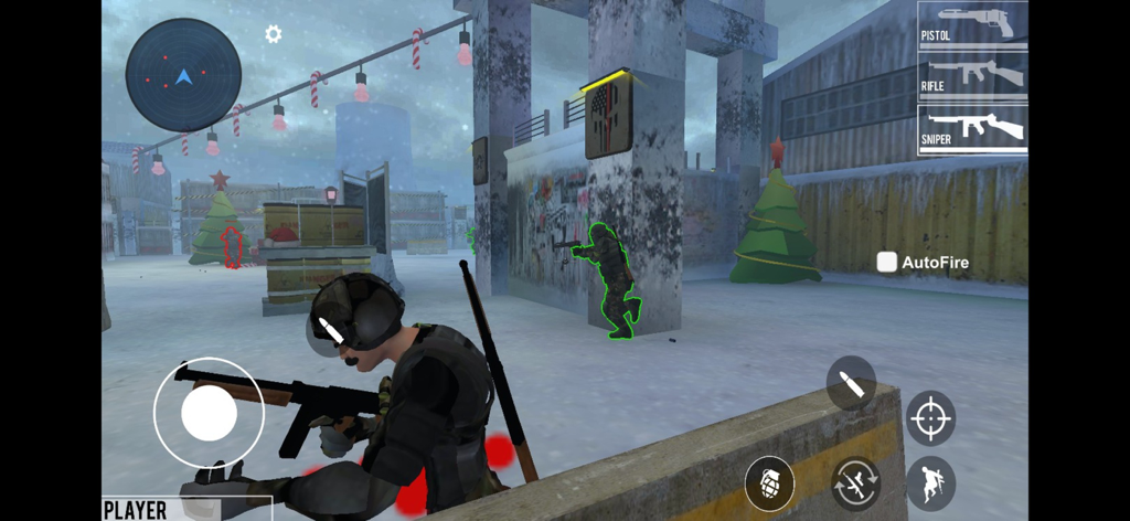 Cover Fire: Strike Force - Third person shooter gameplay from Cover Fire Strike Force showing tactical cover in a snowy environment.