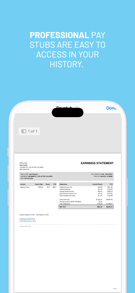 A mobile screen showing a professional household employee pay stub and earnings statement history