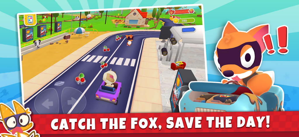 Puppy Cars - Games for Kids 3+ - Puppy driving a purple car in a cartoon town while chasing a fox and collecting cherries.