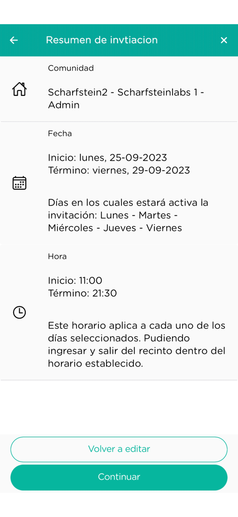 SmartKi Access - Einladungszusammenfassungsbildschirm in der SmartKi Access App, der geplante Zugangsdaten und -zeiten für einen Besucher anzeigt