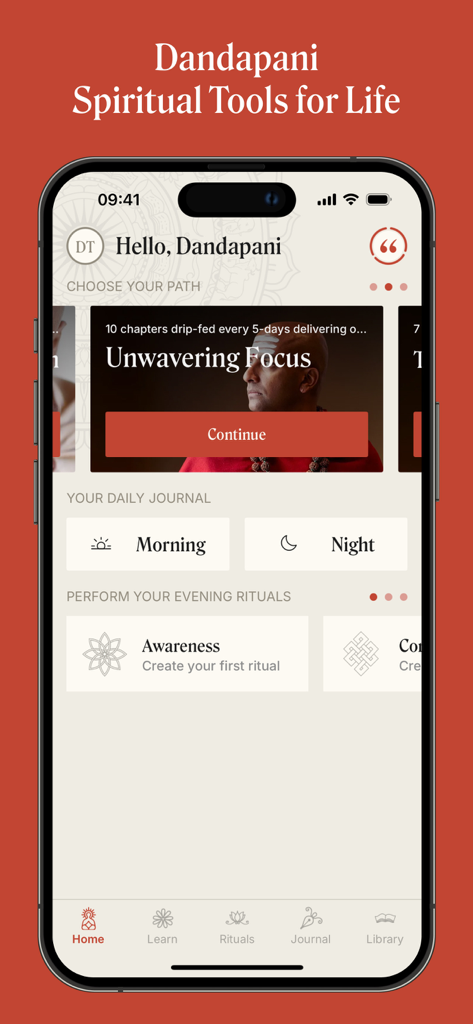 Dandapani app interface showing the unwavering focus course and daily ritual sections