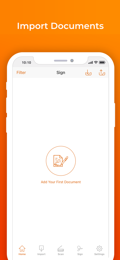 Signature Maker & Esign Now - Mobile Ansicht der Signature Maker App, die die Option zum Importieren von Dokumenten zeigt