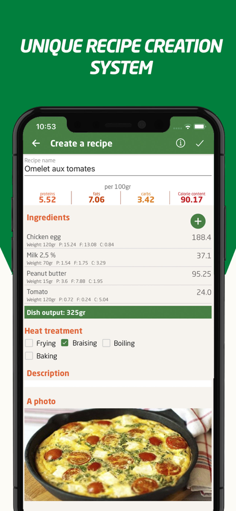 Calorie Counter - SYPB 30 - Pantalla de creación de recetas en la aplicación Calorie Counter SYPB 30 que muestra ingredientes y configuración de tratamiento térmico