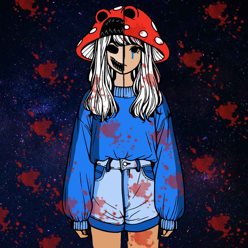 a realistic girl with a frog hat and baggy mushroom shirt