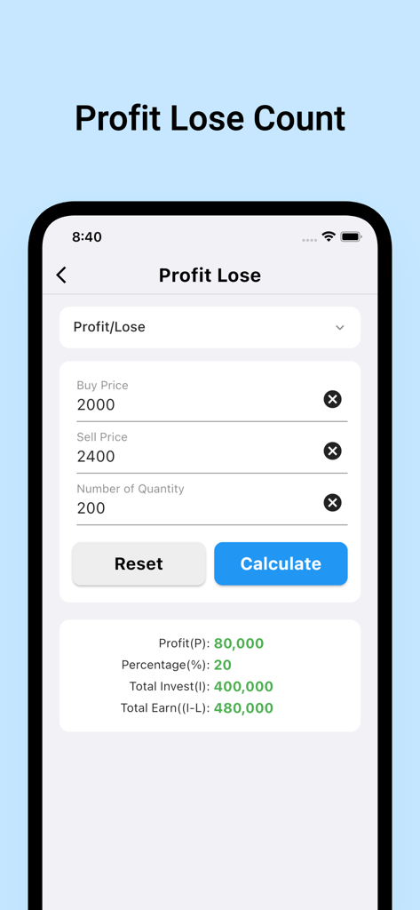 Financial Calculator Pro - Screenshot of the profit and loss calculator interface in the Financial Calculator Pro app showing investment returns