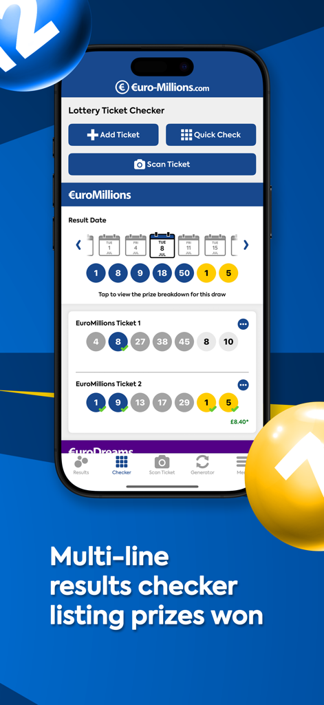 EuroMillions - Interface de l'application mobile EuroMillions montrant la fonctionnalité de vérificateur de tickets de loterie avec des résultats sur plusieurs lignes et les montants des prix gagnés.