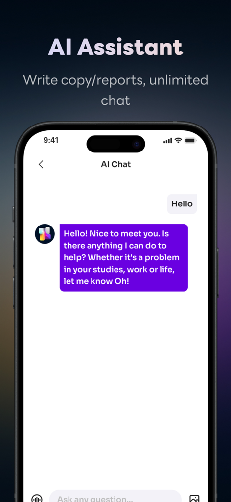 Hyper - AI Assistant - Pantalla de smartphone que muestra la interfaz de chat de IA de la aplicación Hyper para escribir informes y chatear
