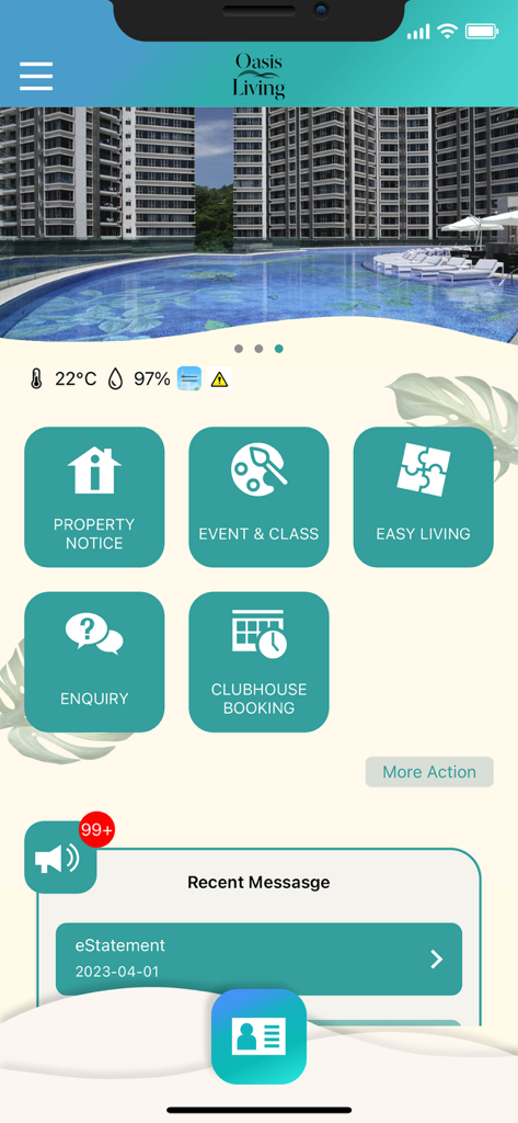 Pantalla de inicio de la aplicación Oasis Living con iconos de servicios residenciales y vista de piscina de lujo