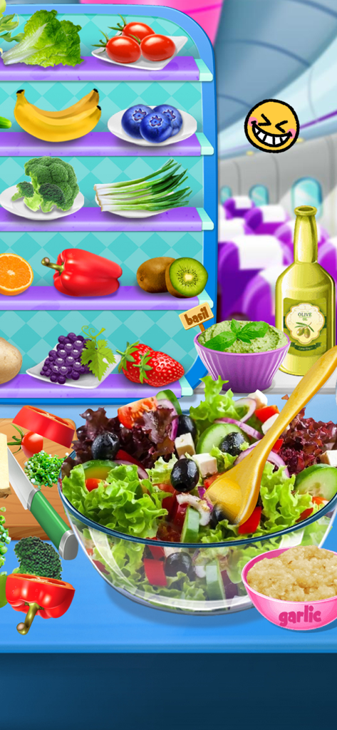 Airplane Food - Flight Chef - Interactive salad making screen with fresh vegetables and fruits in Airplane Food Flight Chef game
